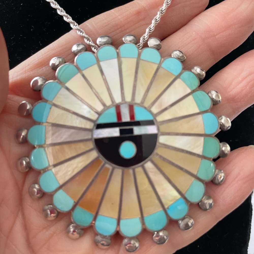 Vintage Native American Zuni Adrian & Elizabeth Wallace Sunface Brooch Pendant